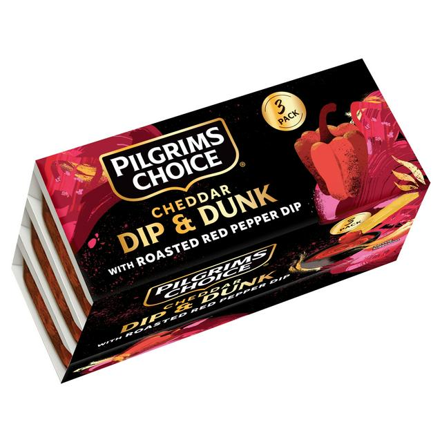 Pilgrims Choice 3 x 52g Cheddar Cheese Dip & Dunk with Roasted Red Pepper Dip