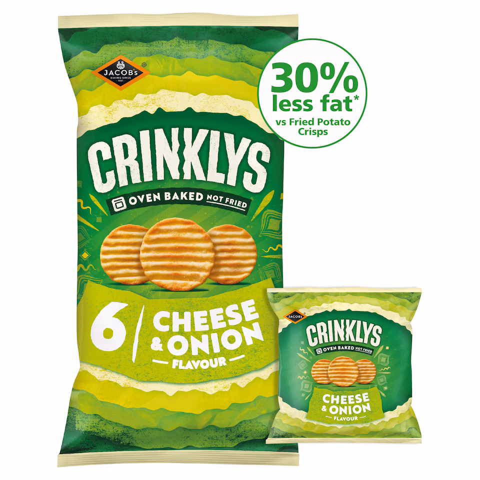 Jacob's Crinklys Cheese & Onion 30% Less Fat Multipack Snacks 6x23g