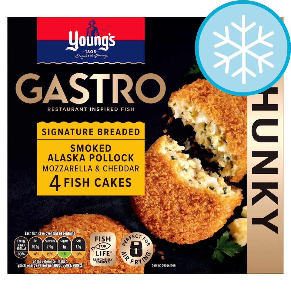 Young's Gastro Signature Breaded Smoked Alaska Pollock, Mozzarella & Cheddar 4 Fish Cakes 400g
