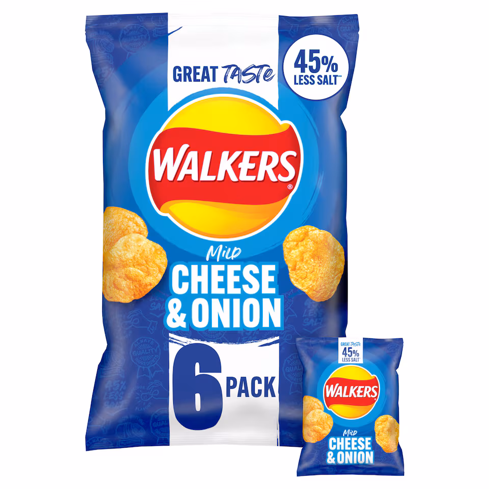 Walkers Mild Cheese & Onion Less Salt Multipack Crisps 6x25g