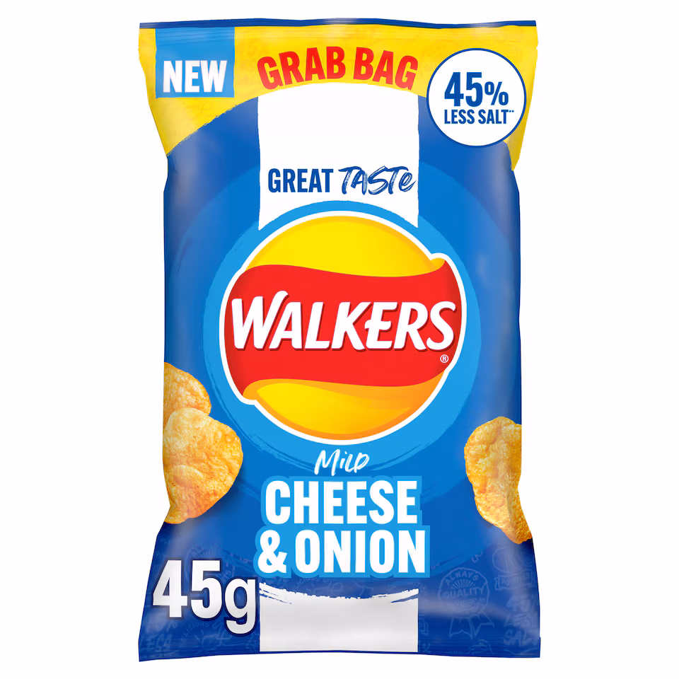 Walkers Mild Cheese & Onion Less Salt Grab Bag Crisps 45g