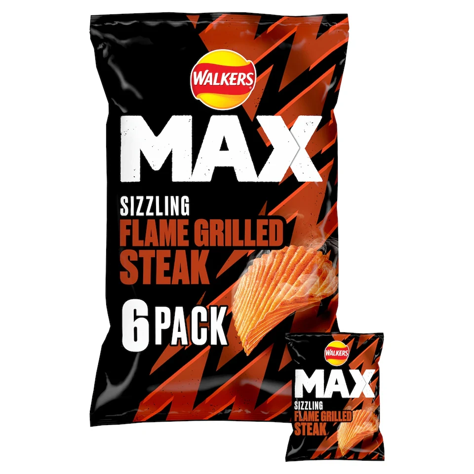 Walkers MAX Sizzling Flame Grilled Steak Crisps 6 x 27g