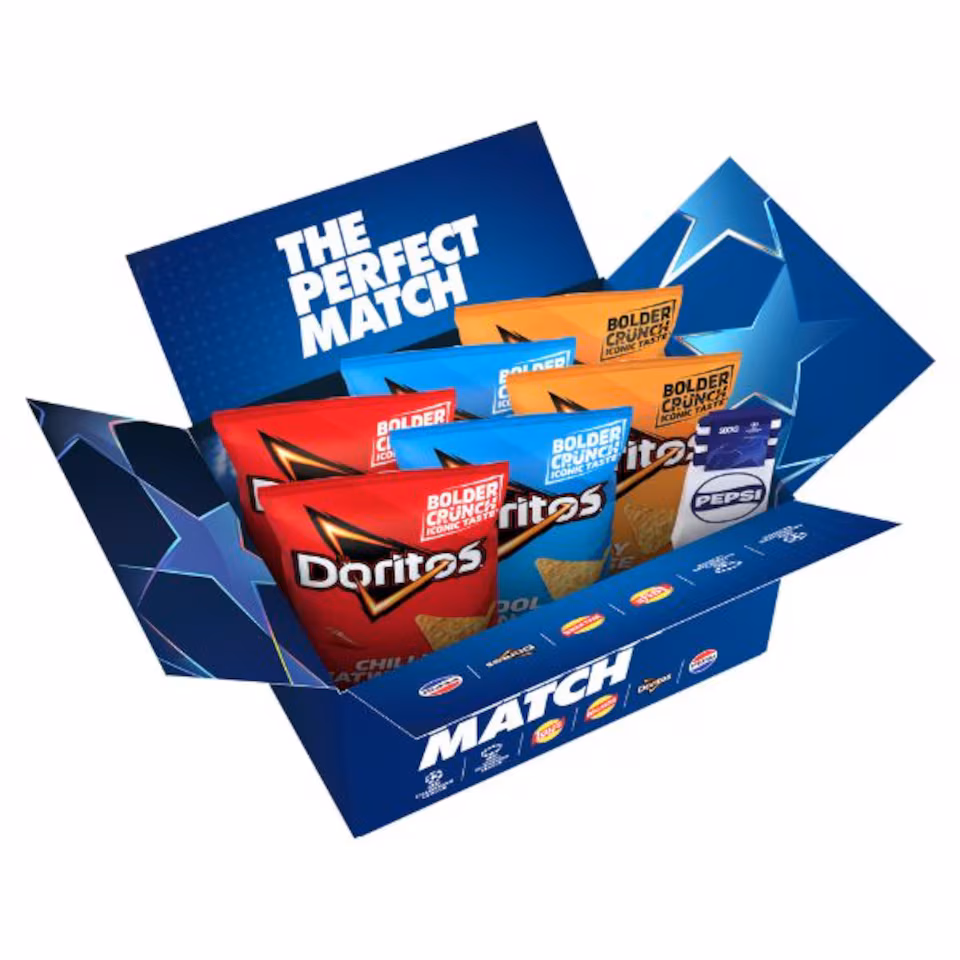 Doritos Champion's League Final Matchday Snack Box, Cool Original, Tangy Cheese & Chilli Heatwave, 6 x 180g bags & Pepsi Socks