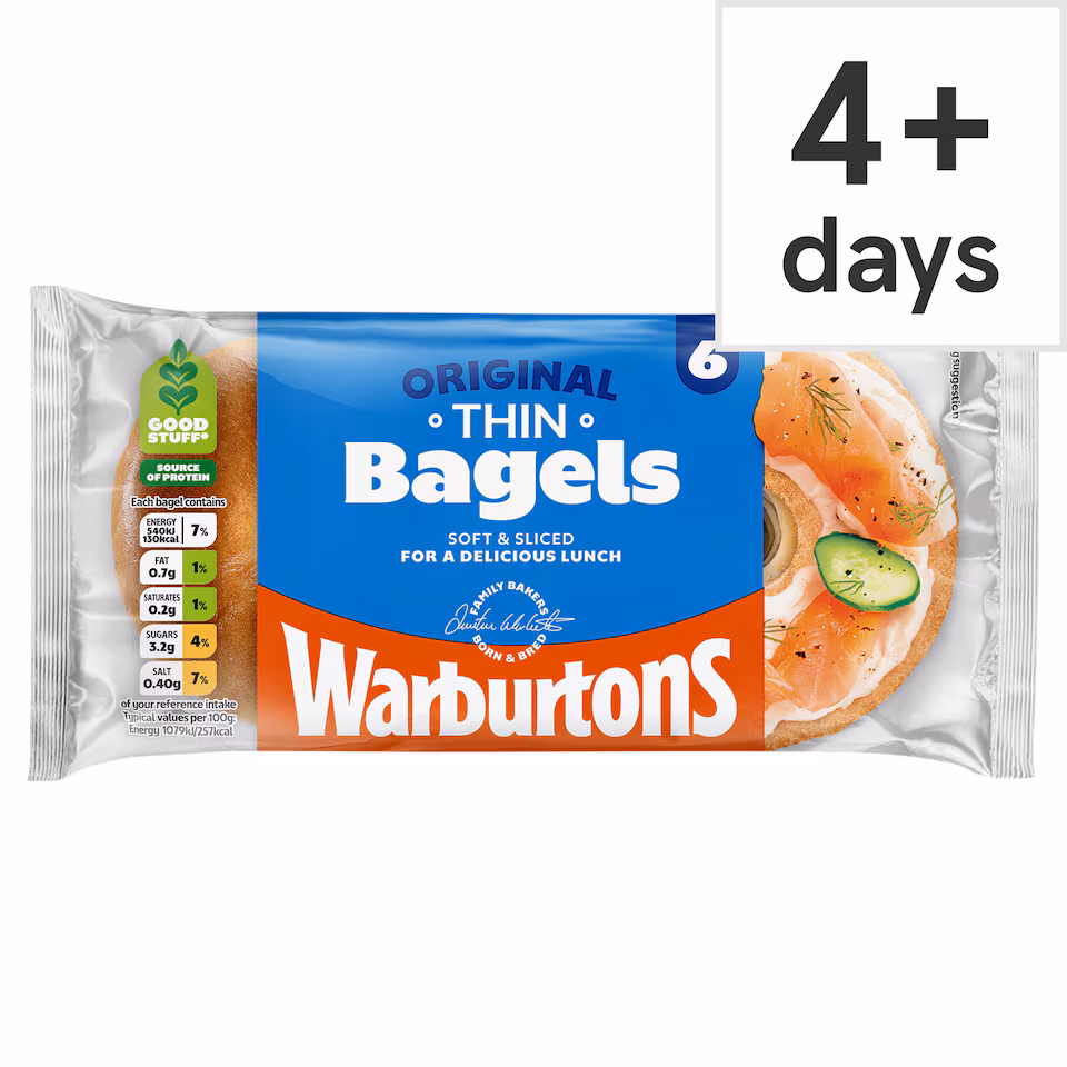 Warburtons Thin Plain Bagels 6 Pack