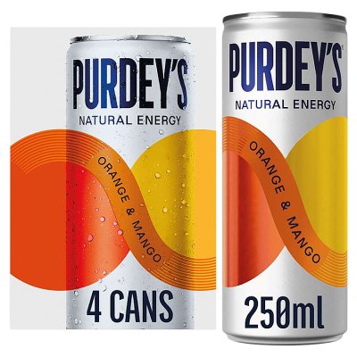 Purdey's Natural Energy Orange & Mango 250ml Can (Pack of 4)