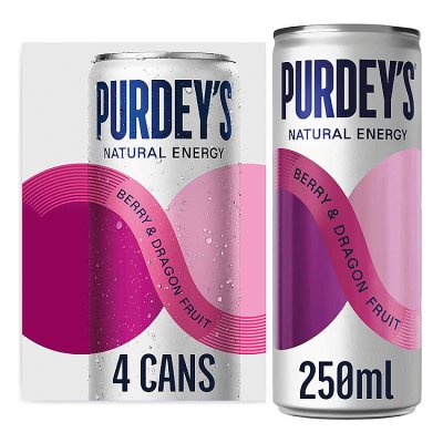 Purdey's Natural Energy Berry & Dragon Fruit 250ml Can (Pack of 4)