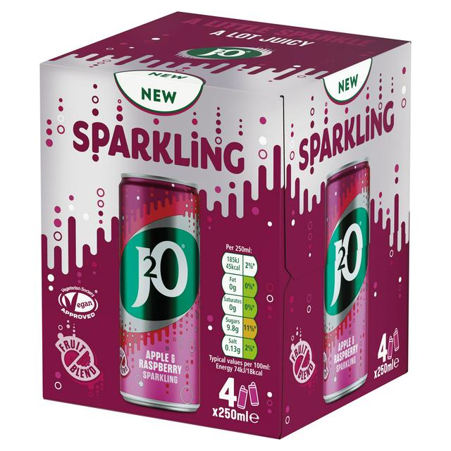 J2O 4 x 250ml Sparkling Apple & Raspberry Soft Drink Cans