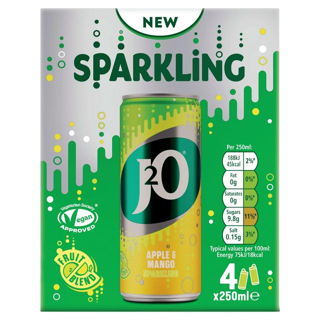 J2O 4 x 250ml Sparkling Apple & Mango Soft Drink Cans