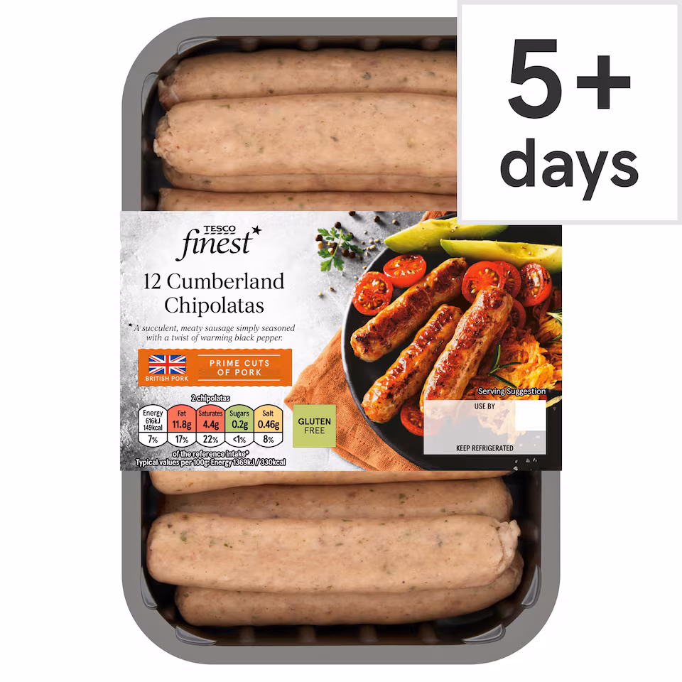 Tesco Finest 12 Cumberland Chipolatas 375G