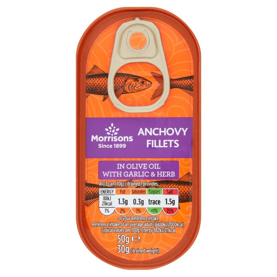 Morrisons Anchovy Fillets In Olive Oil With Garlic and Herb 50g