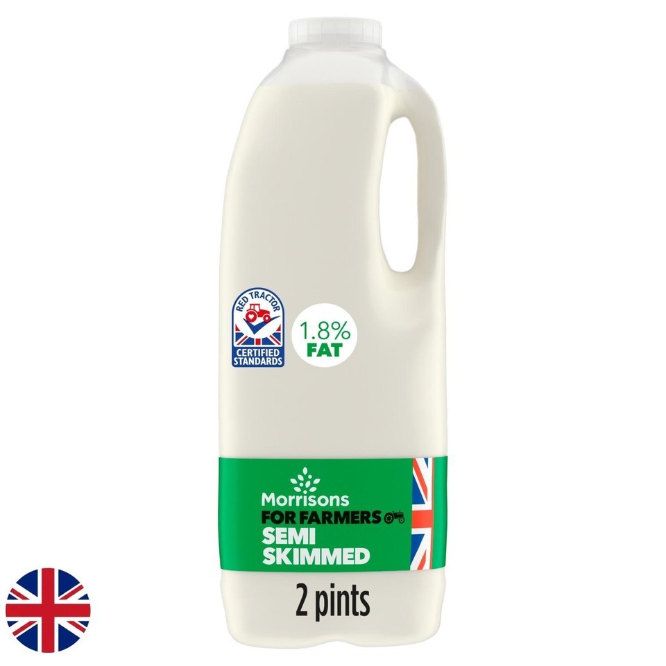 Morrisons For Farmers British Semi Skimmed Milk 2 Pint 1.136l