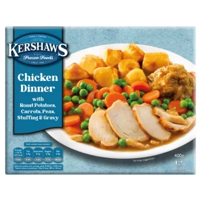 Kershaws Frozen Foods Chicken Dinner with Roast Potatoes, Carrots, Peas, Stuffing & Gravy 400g