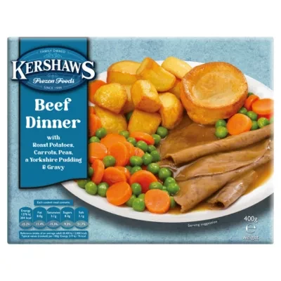 Kershaws Beef Dinner with Roast Potatoes, Carrots, Peas, a Yorkshire Pudding & Gravy 400g