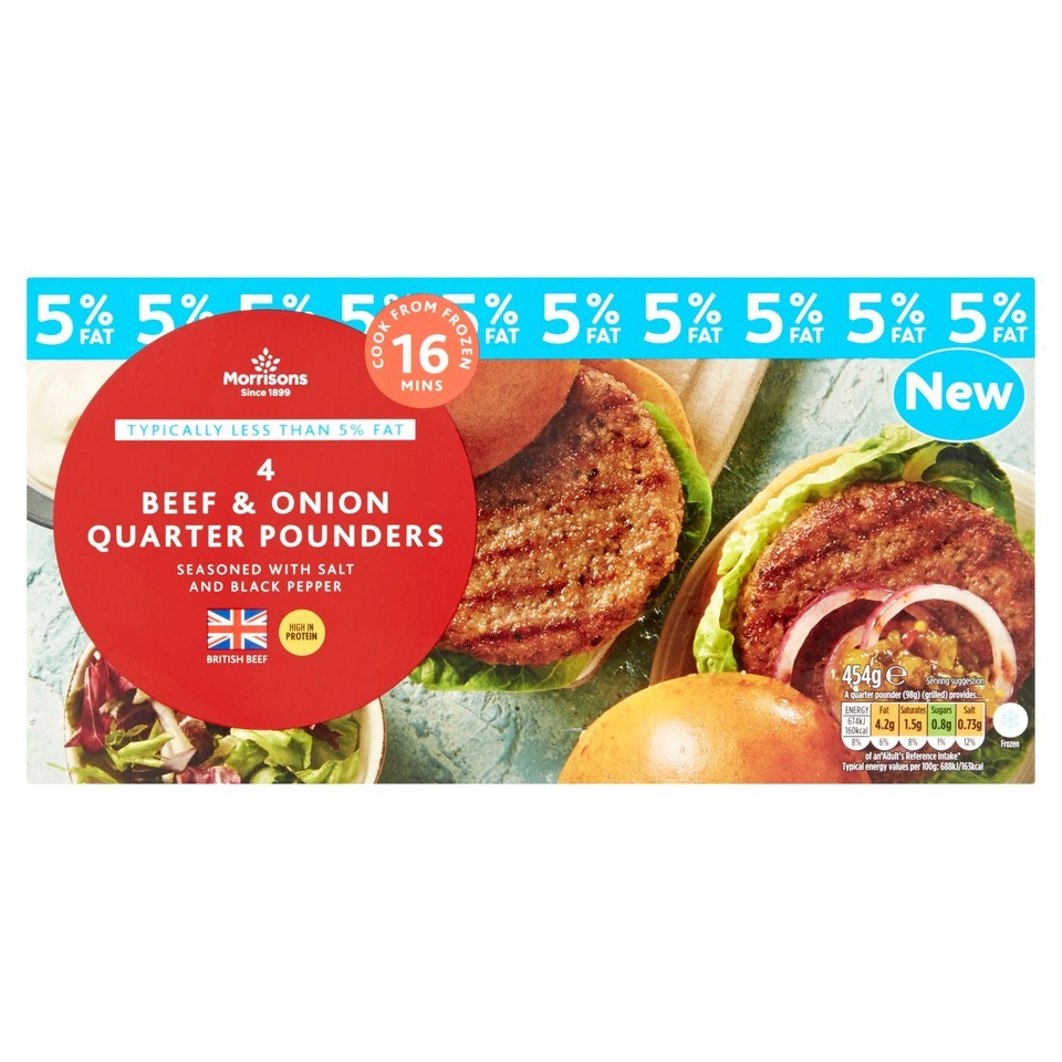 Morrisons Beef Quarter Pounders With Onion 5% Fat 454g