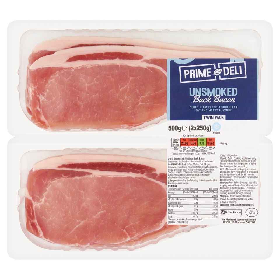 Morrisons Prime Deli Unsmoked Back Bacon Twin Pack 500g