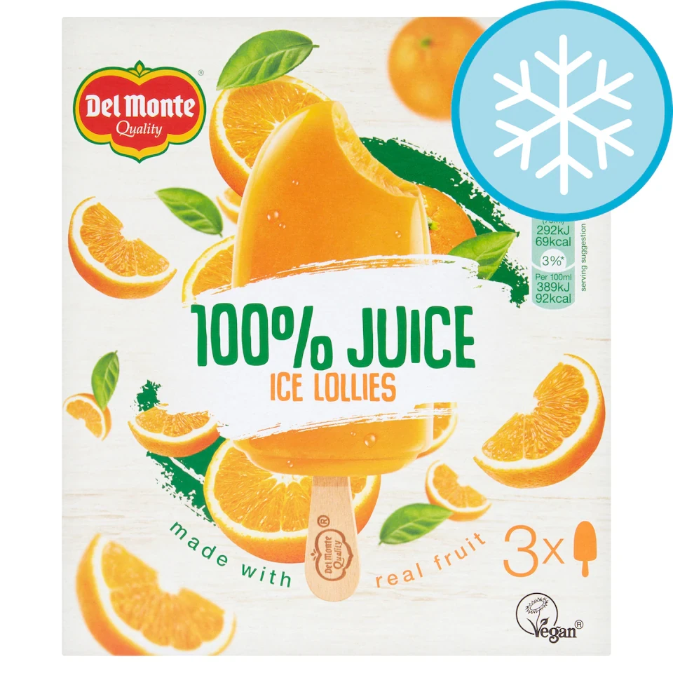 Del Monte 100% Juice Ice Lollies - Orange 3 x 75ml