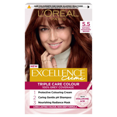 L'Oreal Excellence Excellence Créme 5.5 Mahogany Brown: 100% Grey, nourished hair, for a rich deep tone.