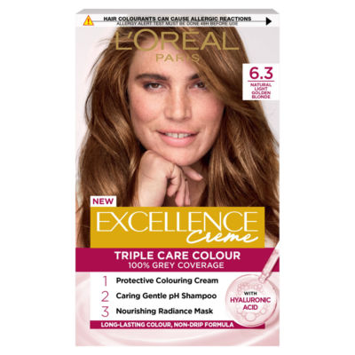 L'Oreal Excellence Excellence Créme 6.3 Light Golden Brown: 100% Grey, shiny, vibrant, long-lasting color.