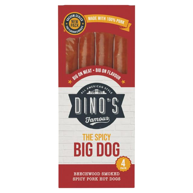 Dino's Famous 4 x 90g Beechwood Smoked Spicy Pork Hot Dogs