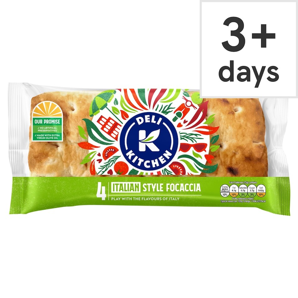 Deli Kitchen Sliced Focaccia Flatbreads 4 Pack 300g