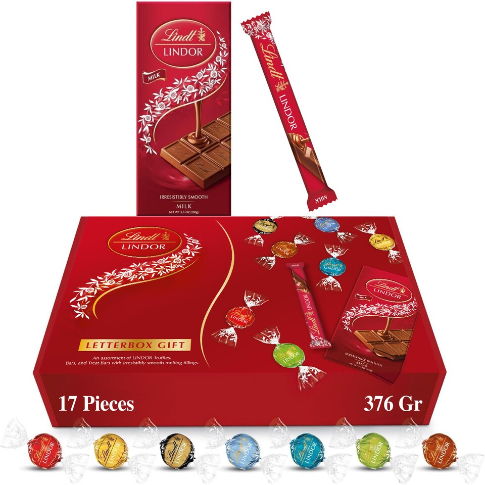 Lindt Letterbox Chocolate Hamper - 376g (17-Piece Set) - Assorted Chocolate Bars Truffles & Wafers, Lindor Chocolates Gift Box, Birthday Gifts for Women and Men, Thank You or Christmas Gifts