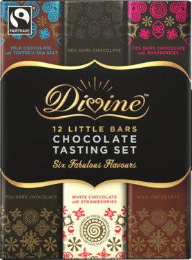 Divine Fairtrade Chocolate Tasting Set 180g 12 Små Sjokolader i 6 Forskjellige Smaker