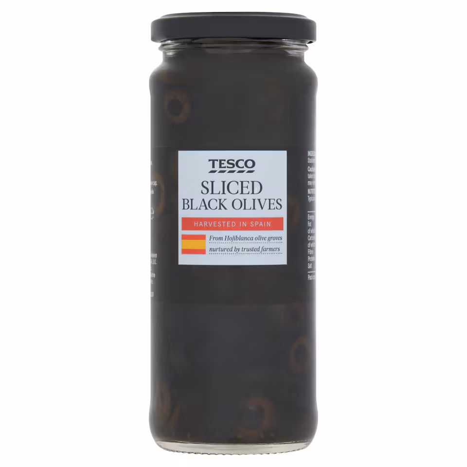 Tesco Sliced Black Olives In Brine 340G
