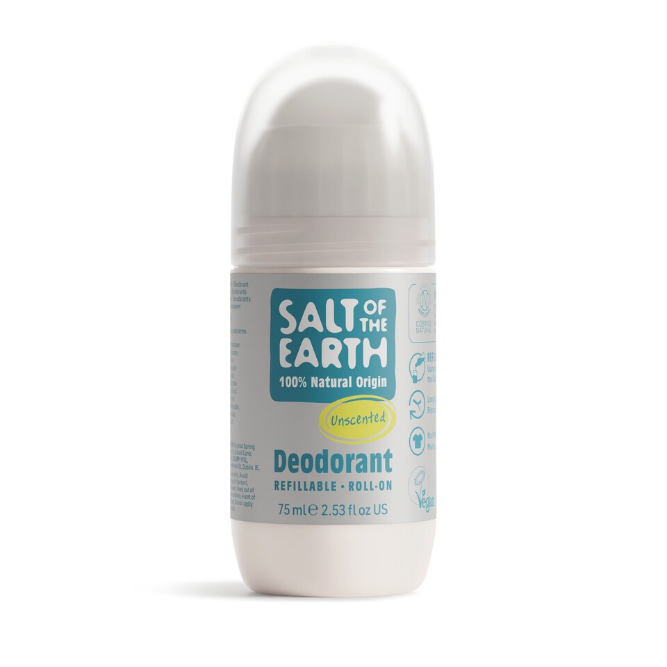 Salt of the Earth Refillable Roll On Deodorant Natural Ingredients Unscented Vegan Smart Refillable Format 75ml | White