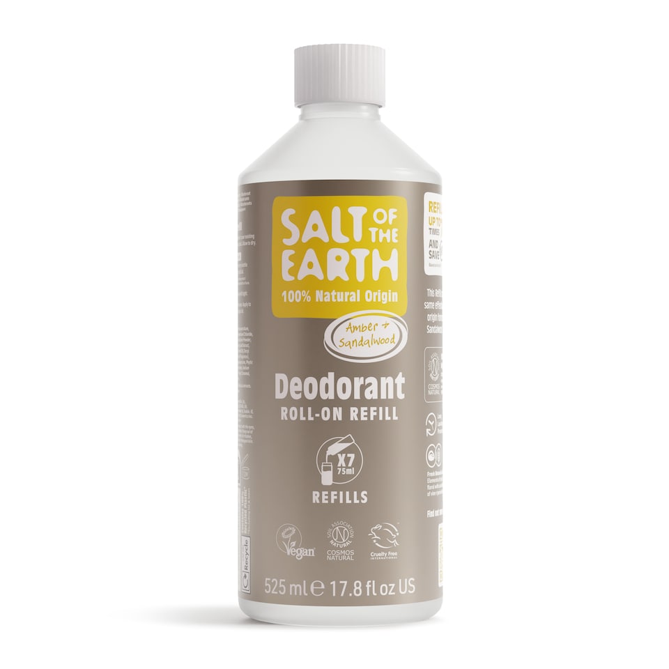 Salt of the Earth Natural Deodorant Roll on Refill x7 Uses Amber & Sandalwood Natural Origin Ingredients Vegan 525ml