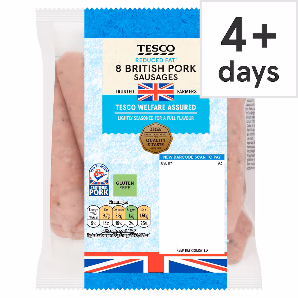 Tesco 8 Reduced Fat Pork Sausages 454G