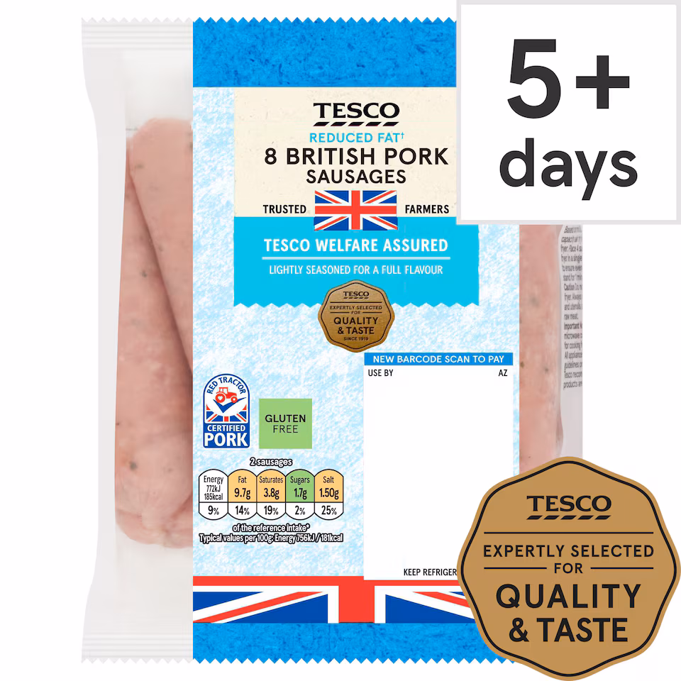 Tesco 8 Reduced Fat Pork Sausages 454G