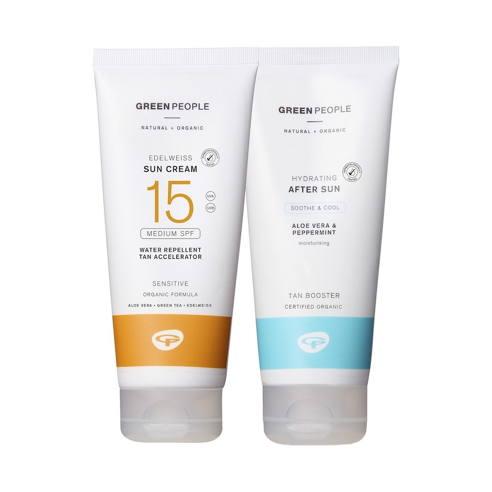 Green People Edelweiss SPF15 Sun Cream & After Sun - Natural, Organic Sunscreen with Tan Accelerator - Non Comedogenic, Reef Safe - 2x200ml