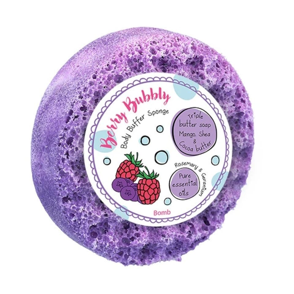 Bomb Cosmetics Body Buffer Soap Shower Sponge Berry Bubbly