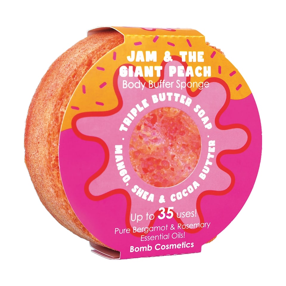 Bomb Cosmetics Body Buffer Soap Shower Sponge Jam & The Giant Peach
