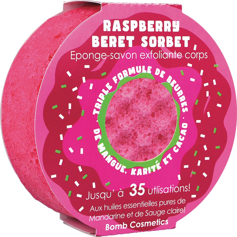 Bomb Cosmetics Body Buffer Soap Shower Sponge Raspberry Beret