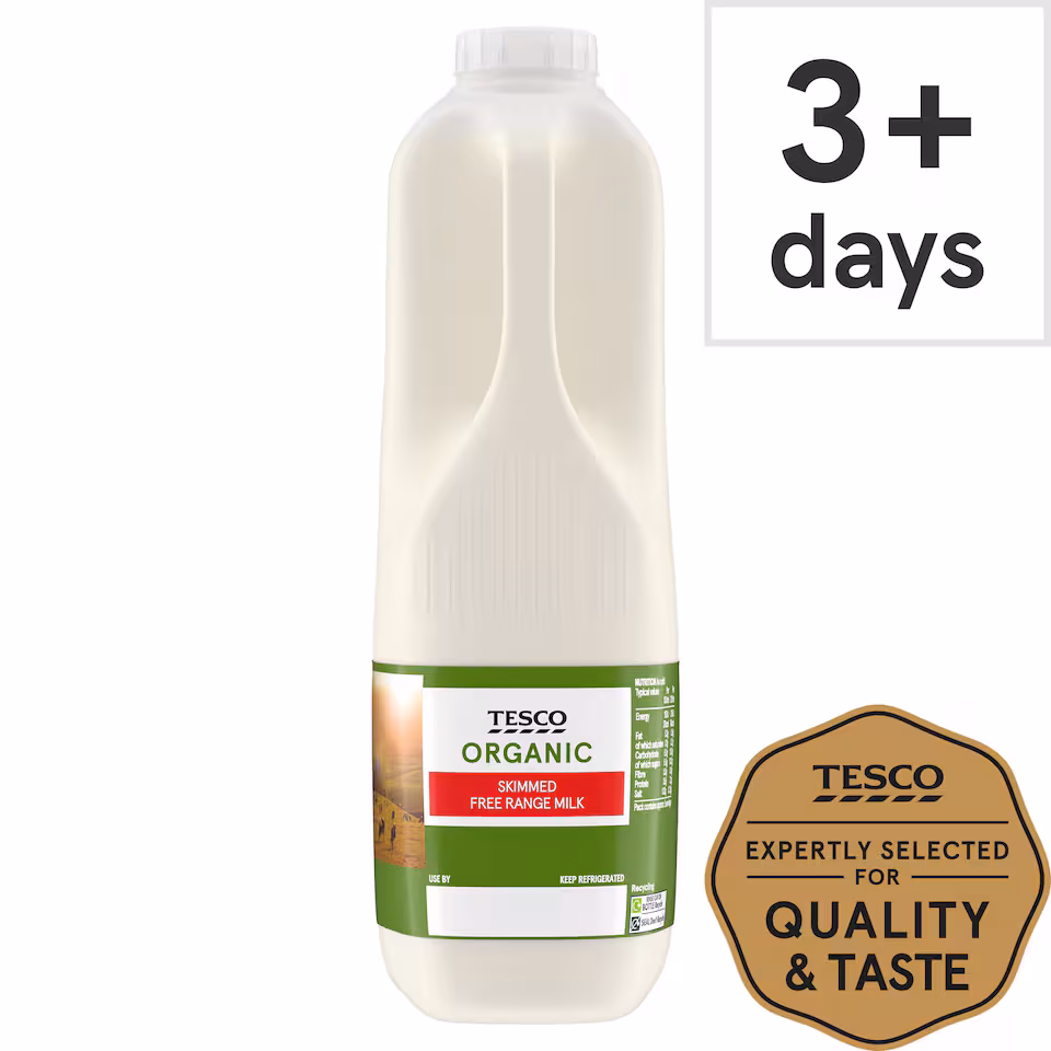 Tesco Organic Free Range Skimmed Milk 1.136L, 2 Pint