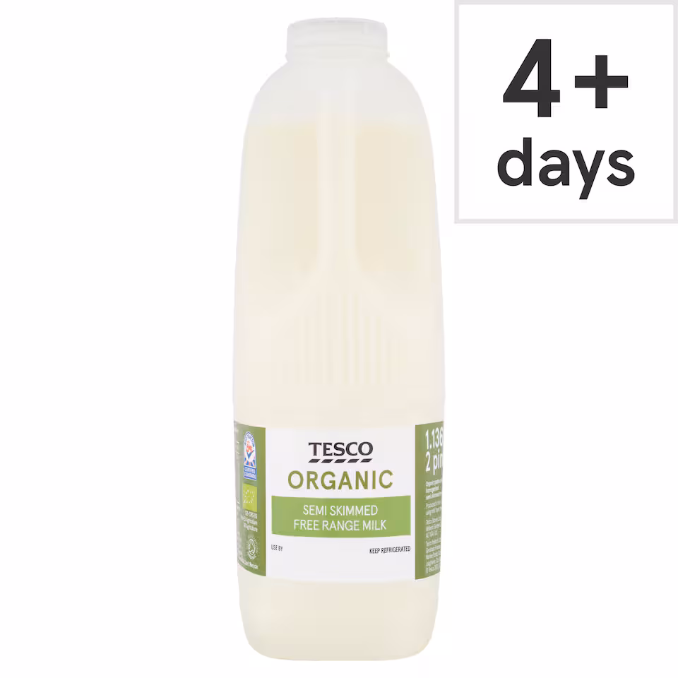 Tesco Organic British Semi Skimmed Milk 1.136L, 2 Pint