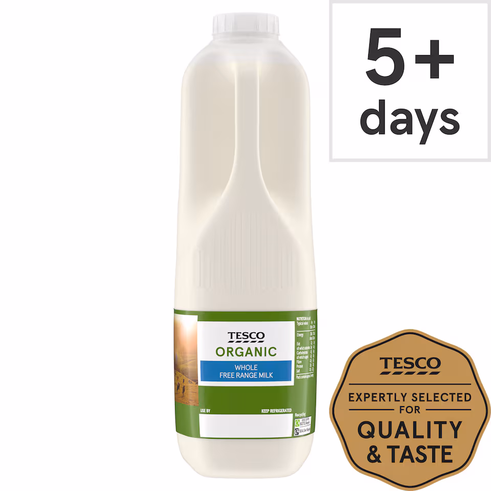 Tesco Organic Free Range Whole Milk 1.136L, 2 Pint
