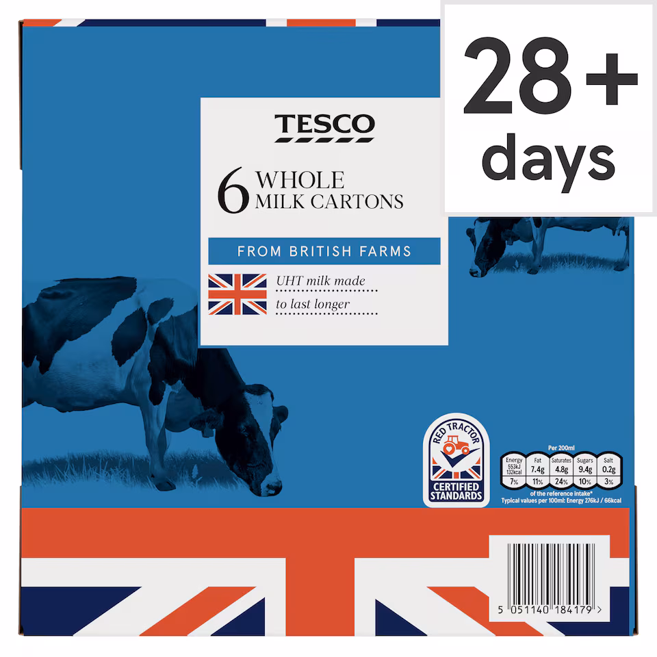 Tesco British Whole Uht Milk 6 X 1 Litre