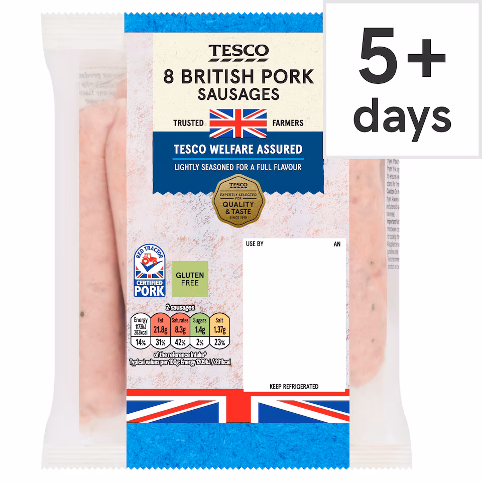 Tesco British Pork Sausages 8 Pack 454G