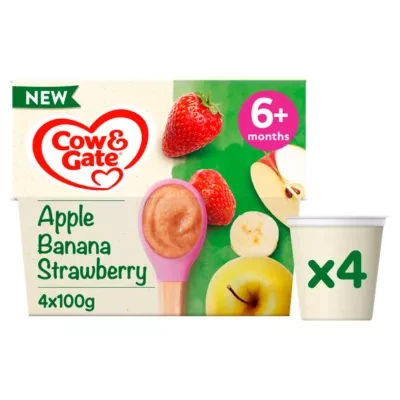 Cow & Gate Apple Strawberry & Banana Baby Food Fruit Pot Multipack, 6+ Months, 4x100g