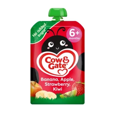 Cow & Gate Fruit Pouch Banana Apple Strawberry & Kiwi Baby Food Snack, 6+ Months, 100g