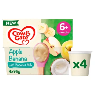 Cow & Gate Apple & Banana with Coconut Milk Baby Food Pot Multipack, 6+ Months, 4x95g