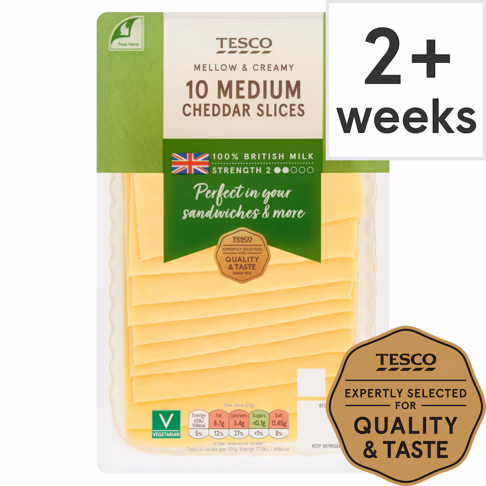 Tesco British Medium Cheddar 10 Slices, 250 G