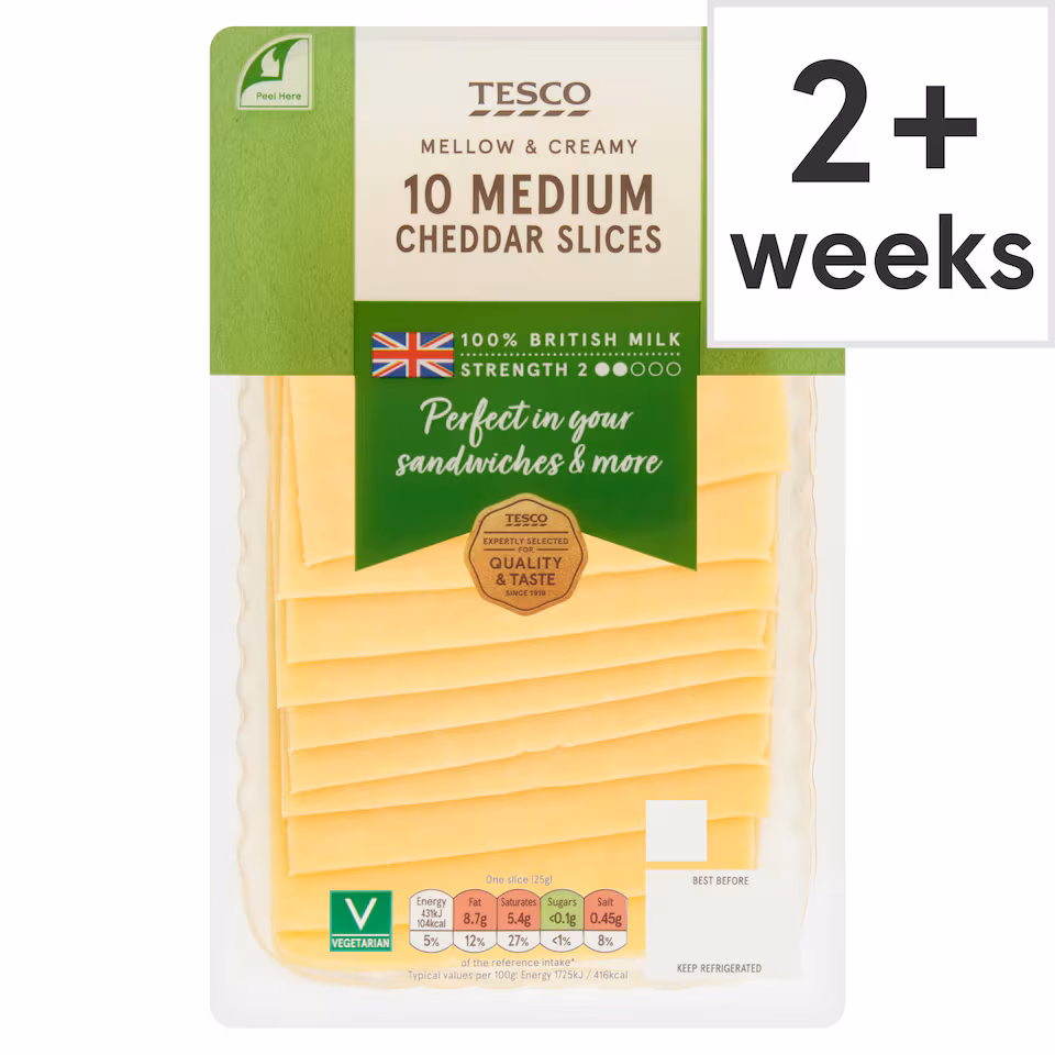 Tesco British Medium Cheddar 10 Slices, 250 G