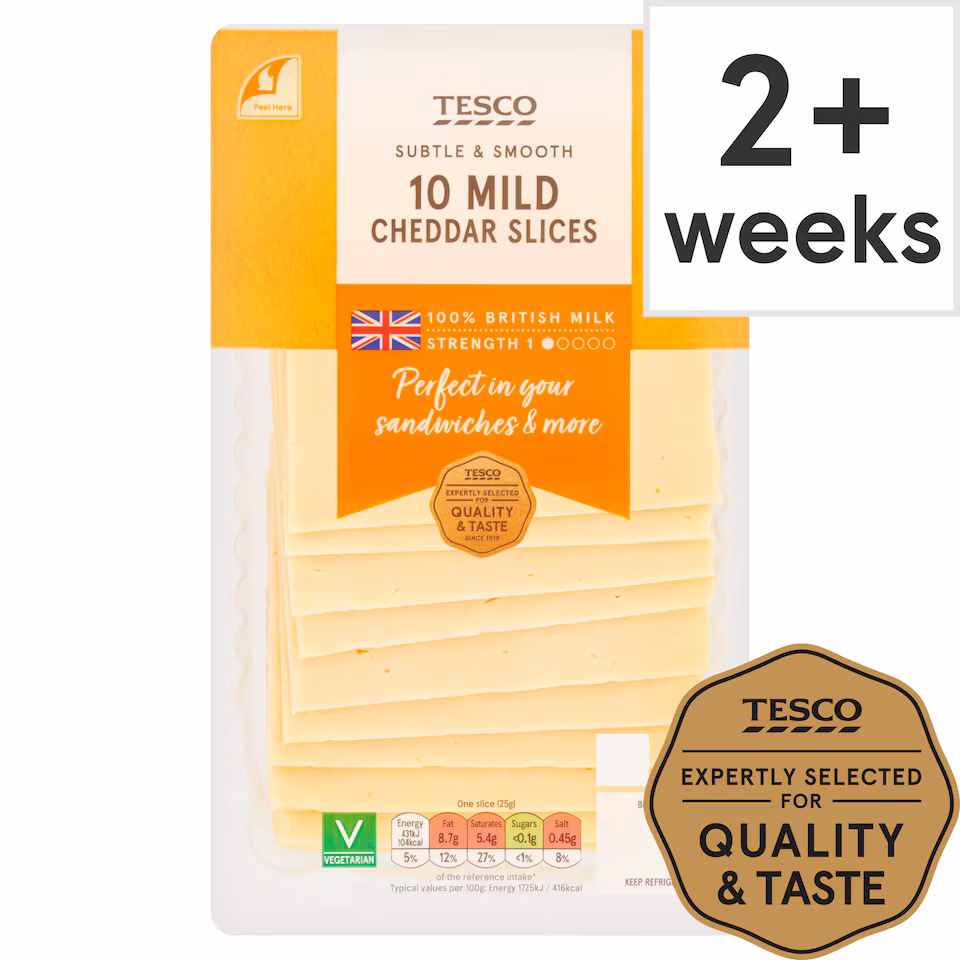 Tesco British Mild Cheddar Cheese 10 Slices, 250 G