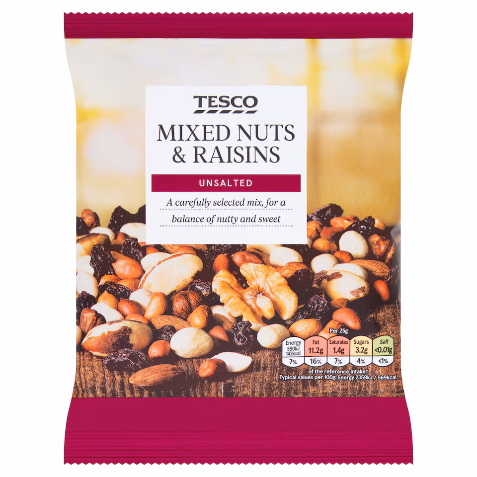 Tesco Unsalted Mixed Nuts & Raisins 250G