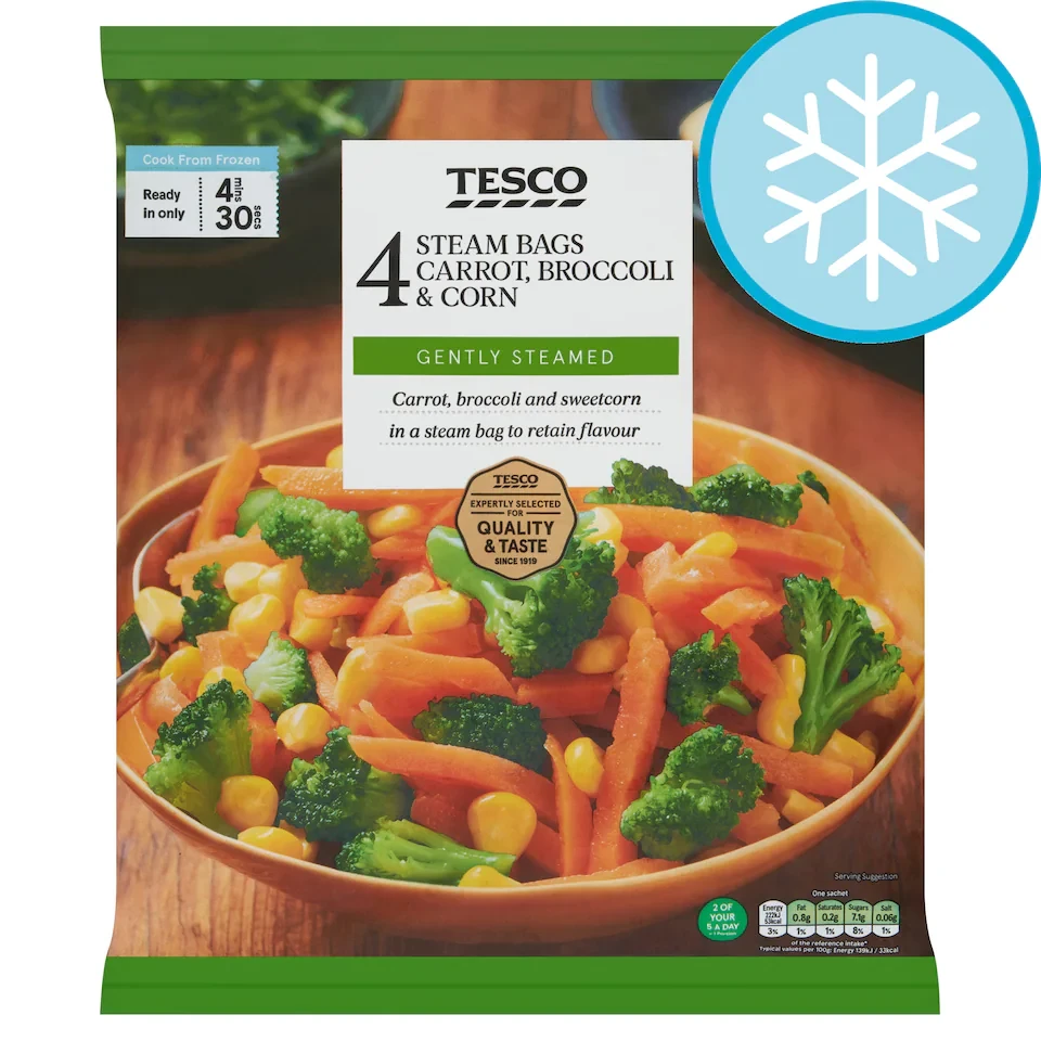 Tesco Steam Bags Carrot, Broccoli & Corn 4 x 160g (640g)