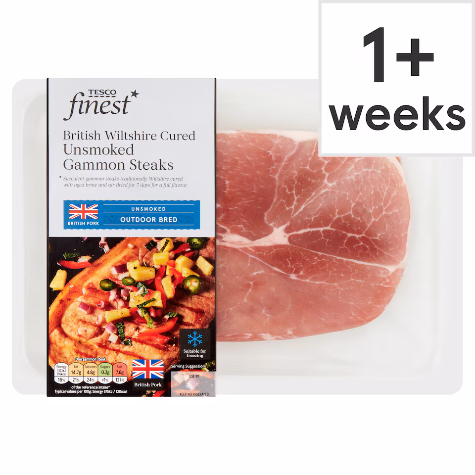Tesco Finest British Wiltshire Cured Unsmoked Gammon Steaks 2 Pack 460g