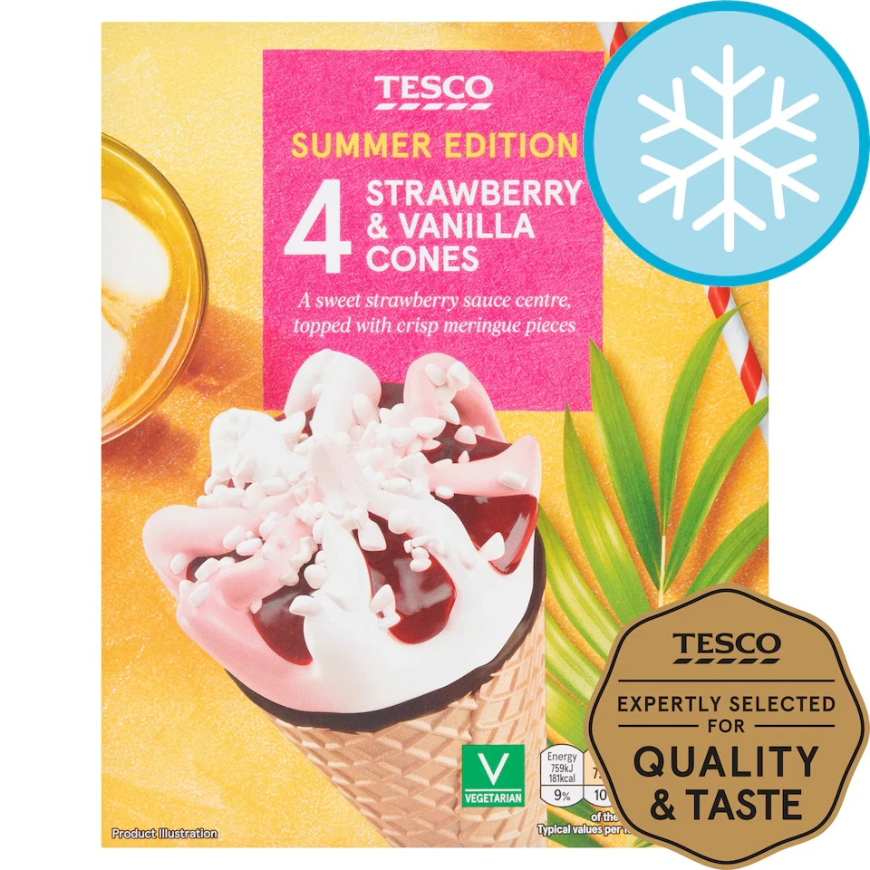 Tesco Strawberry & Vanilla Cones 4 X 110Ml